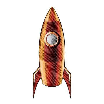 Scratchboard Engraved Orange Rocket Over a White Background Illustrazione stock