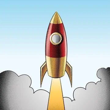 Scratchboard Engraved Rocket Launching Over a Blue Sky Illustrazione stock