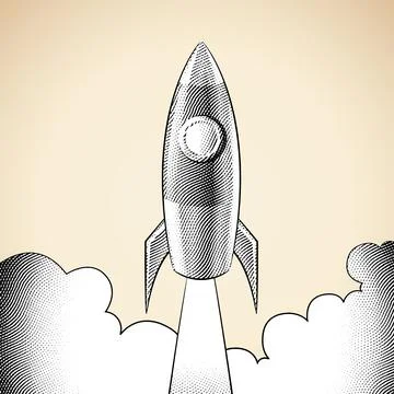 Scratchboard Engraved Rocket Launching Over a Beige Background Illustrazione stock
