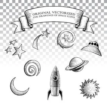 Scratchboard Style Ink Drawings of a Rocket and Space Icons Illustrazione stock