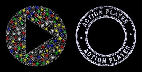 Scratched Action Player Stamp and Glare Network Round Play Button Stock Illustration