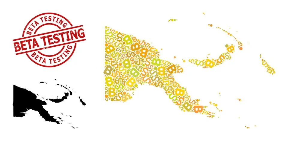 Scratched Beta Testing Seal with Dollar and BTC Gold Mosaic Map of Papua New Illustrazione stock
