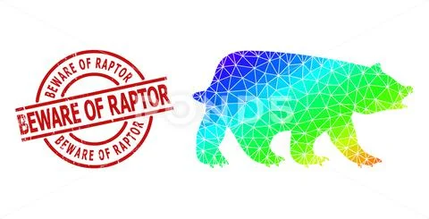 Scratched Beware of Raptor Stamp Print and Lowpoly Rainbow Bear Icon ...