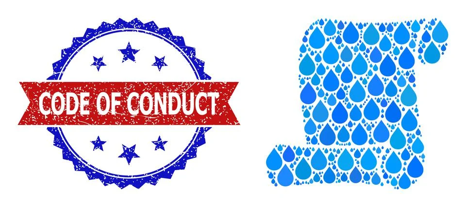 Scratched Bicolor Code of Conduct Seal and Collage Paper Roll of Blue Water 스톡 일러스트