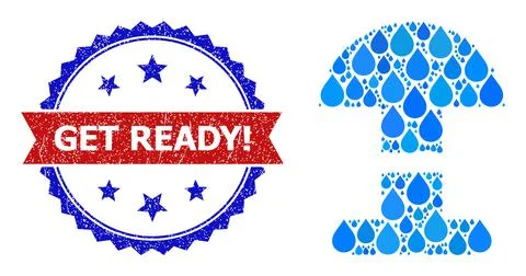 Scratched Bicolor Get Ready! Stamp and Mosaic Alarm Button of Blue Water Dews Stock Illustration