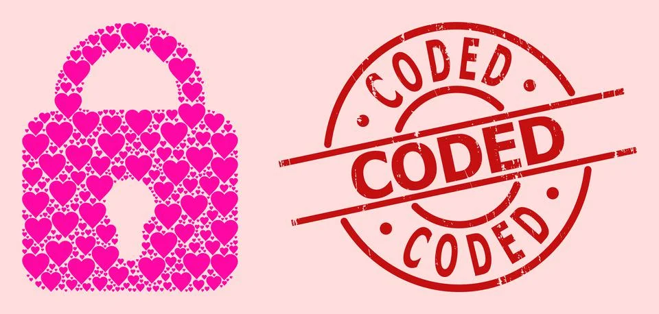 Scratched Coded Stamp and Pink Heart Lock Mosaic 스톡 일러스트