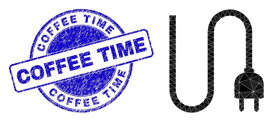 Scratched Coffee Time Round Stamp And Electrical Cord Low-Poly Icon Stock Illustration