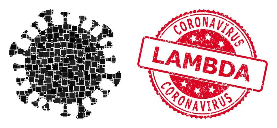 Scratched Coronavirus Lambda Stamp Seal and Square Dot Mosaic Coronavirus Cell 库存插图