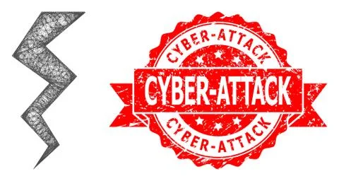 Scratched Cyber-Attack Stamp and Hatched Thunder Crack Icon Stock Illustration
