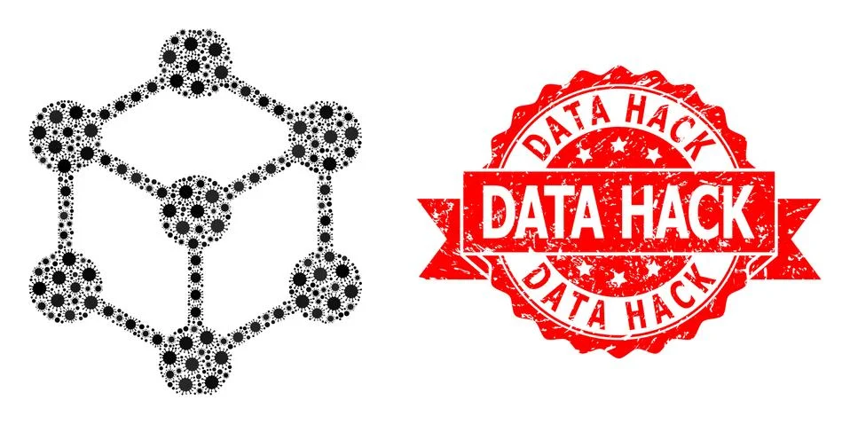 Scratched Data Hack Seal and Corona Virus Mosaic Cube Nodes Stock Illustration
