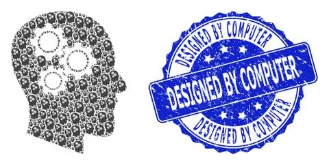 Scratched Designed by Computer Round Seal and Recursive Brain Gears Icon Collage Stock Illustration