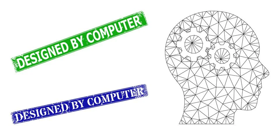 Scratched Designed by Computer Seals and Polygonal Mesh Brain Gears Icon Stock Illustration