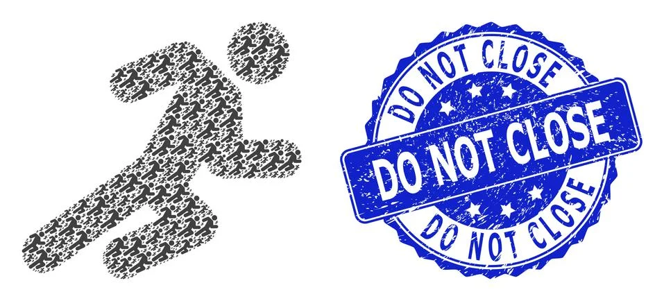 Scratched Do Not Close Round Seal Stamp and Recursive Running Man Icon Collage Stock Illustration