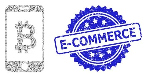 Scratched E-Commerce Stamp and Fractal Mobile Bitcoin Bank Icon Mosaic Illustrazione stock