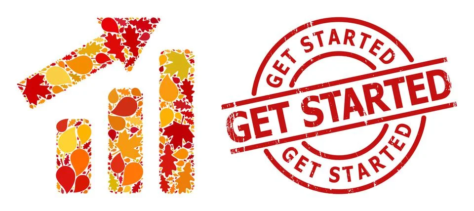 Scratched Get Started Watermark and Up Trend Bar Chart Autumn Collage Icon with Stock Illustration