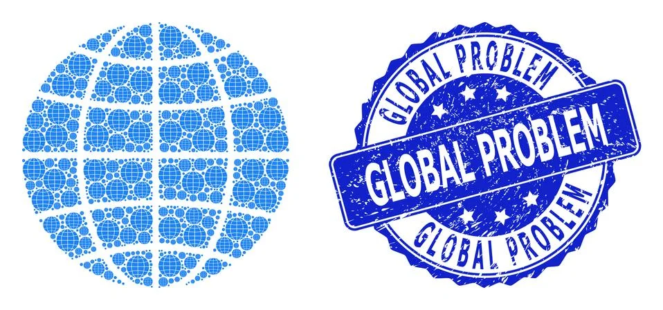 Scratched Global Problem Round Stamp and Recursive Globe Icon Collage イラスト素材