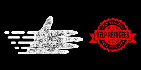 Scratched Help Refugees Stamp Seal and Bright Web Network Moving Hand with Light Stock Illustration