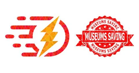 Scratched Museums Saving Stamp Seal and Electrical Power Low-Poly Mocaic Icon Stock Illustration