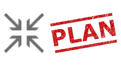 Scratched Plan Stamp and Halftone Dotted Collide Arrows Stock Illustration