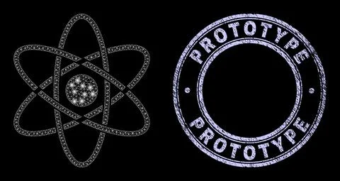 Scratched Prototype Stamp and Magic Mesh Atom with Light Spots Stock Illustration