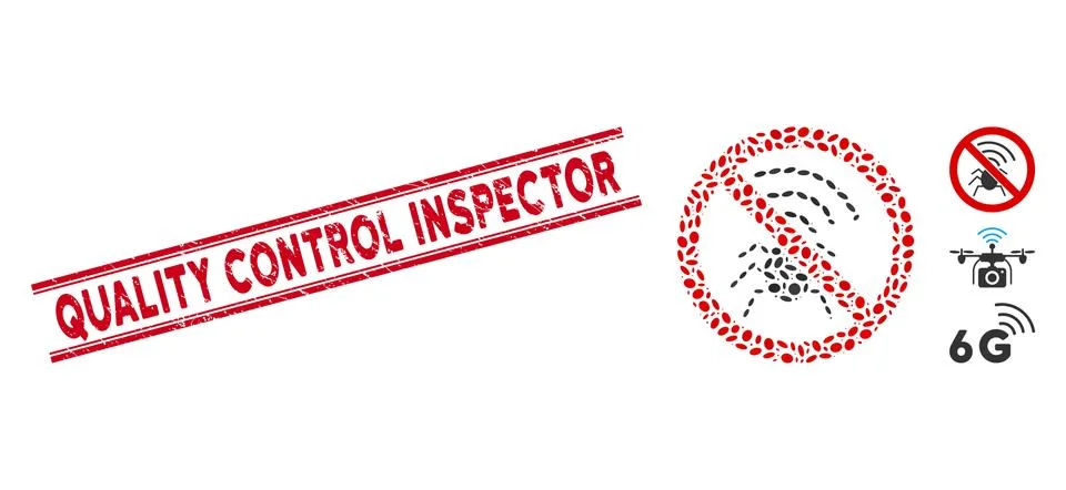 Scratched Quality Control Inspector Line Seal and Collage No Radio Bugs Icon Stock Illustration