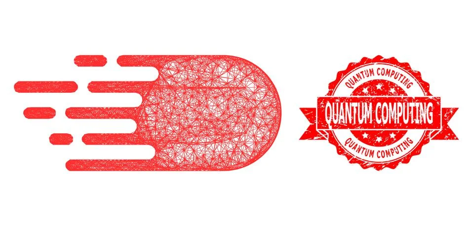 Scratched Quantum Computing Stamp and Net Electron Flight Icon Stock Illustration