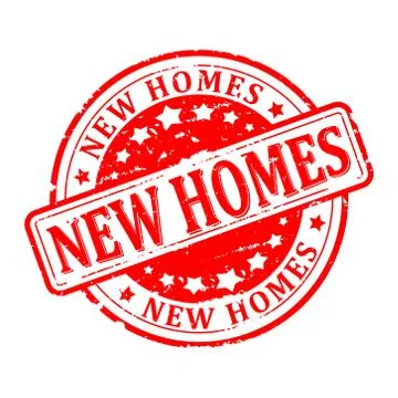 Scratched round red stamp with the word - new homes - vector Stock Illustration