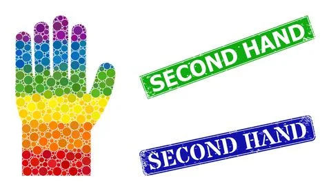 Scratched Second Hand Seals and Rainbow Gradient Dotted Hand Collage Stock Illustration