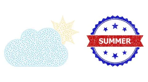Scratched Summer Round Rosette Bicolor Badge and Mesh Carcass Sun Cloud Illustrazione stock