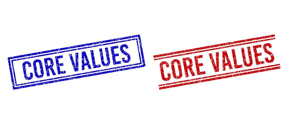 Scratched Textured CORE VALUES Stamp Seals with Double Lines Illustrazione stock