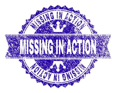 Scratched Textured MISSING IN ACTION Stamp Seal with Ribbon Stock Illustration