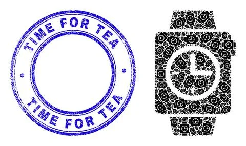 Scratched Time for Tea Stamp and Clock Watches Fractal Composition of Self Icons Illustrazione stock