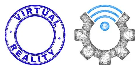 Scratched Virtual Reality Stamp Seal and Linear Irregular Mesh Smart Gear Icon Illustrazione stock