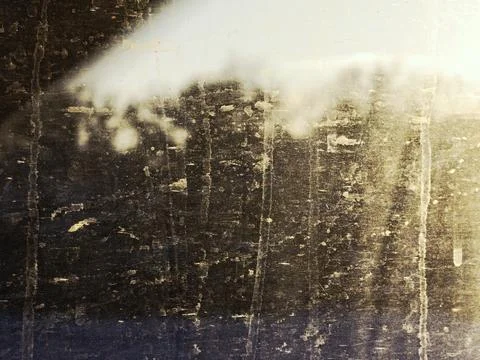 Scratched window with blurred trees and warm light Фото