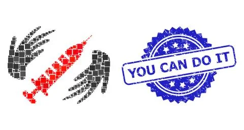 Scratched You Can Do It Stamp Seal and Square Dot Collage Vaccine Care Hands Ilustración de archivo