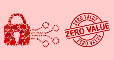 Scratched Zero Value Badge and Red Heart Digital Lock Mosaic Ilustração Stock