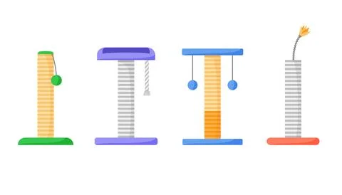 Scratching post set. Rope posts for cat to sharpen claws. Cat tree with toys Stock Illustration