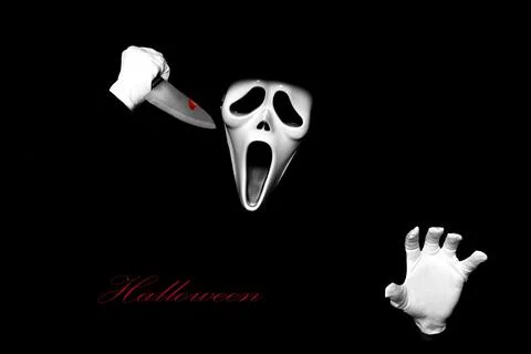 Scream devil costume. Someone in black cover put on white ghost mask on face. Stock Photos