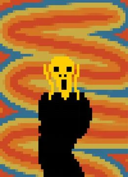 Scream munch Pixel art. 8 bit Man is scared and screaming. pixelated Art ho.. Stock Illustration