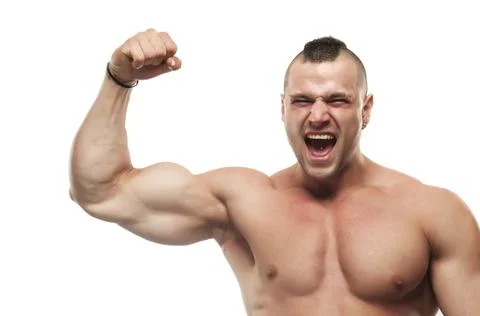Screaming bodybuilder flexing biceps. White background, studio shot. Foto stock