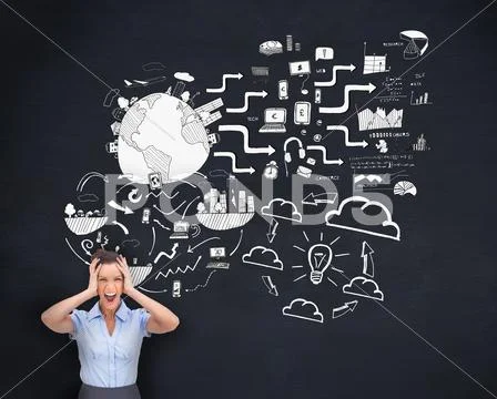 Screaming businesswoman worrying about white graphics Stock Photos