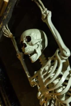 Screaming captive skeleton hangs from wall in pain. Intentional motion blur t Stock Photos
