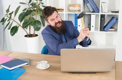 Screaming. fix some business problems. Computer lag virus. angry businessman or Stock Photos