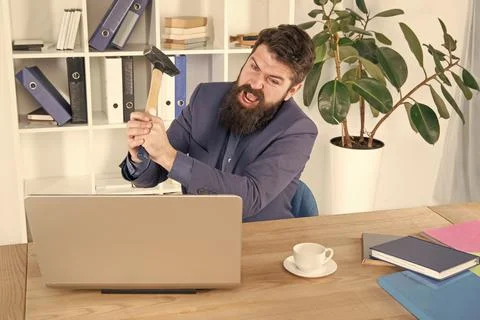 Screaming. fix some business problems. Computer lag virus. angry businessman or Stock Photos