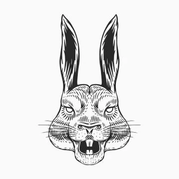 Screaming Hare or mad rabbit for tattoo or label. Roaring animal. Engraved hand Stock Illustration