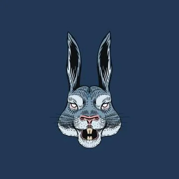 Screaming Hare or mad rabbit for tattoo or label. Roaring animal. Engraved hand Stock Illustration