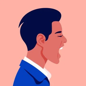 Screaming man's face in profile. Head of a guy in stress. Aggression. Stock Illustration