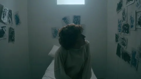 Screaming Patient Trying to Escape Straitjacket in Asylum Isolation Room Stock Footage 313251043