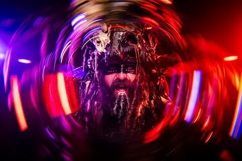 Screaming Viking Warrior with Dramatic Red and Purple Light Trails Stock Photos