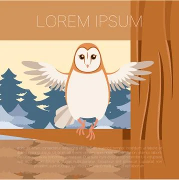 Screech-Owl on the flat tree background Stock Illustration